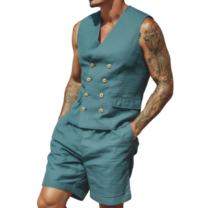 Men's Casual Solid Color Cotton Linen V-neck Double-breasted Slim Suit Vest Shorts Set MTA1852F9M sold by Manly