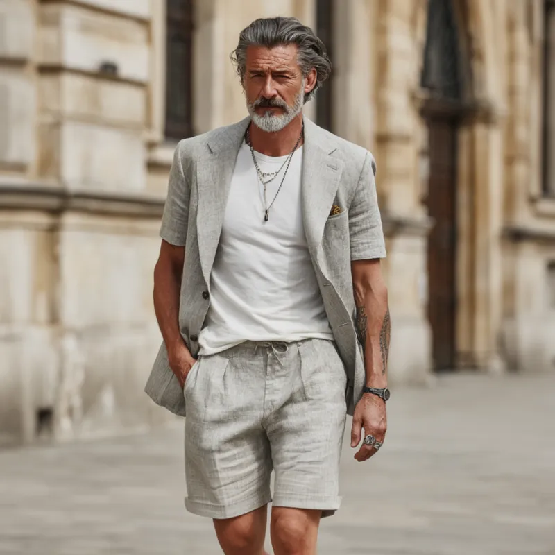 Men's Casual Breathable Cotton Linen Notch Lapel Short-sleeved Blazer Suit Shorts Set (T-Shirt Excluded) MTA1820F1M sold by Manly product image thumbnail 3