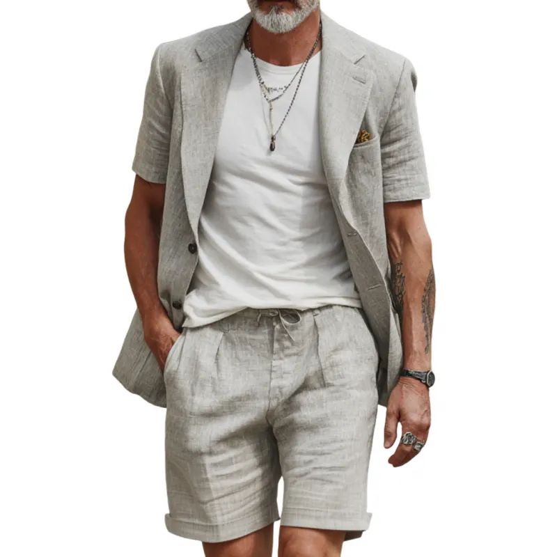 Men's Casual Breathable Cotton Linen Notch Lapel Short-sleeved Blazer Suit Shorts Set (T-Shirt Excluded) MTA1820F1M sold by Manly
