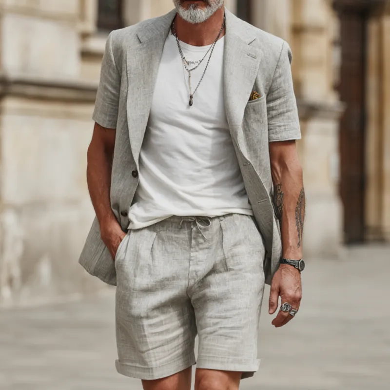 Men's Casual Breathable Cotton Linen Notch Lapel Short-sleeved Blazer Suit Shorts Set (T-Shirt Excluded) MTA1820F1M sold by Manly product image thumbnail 2