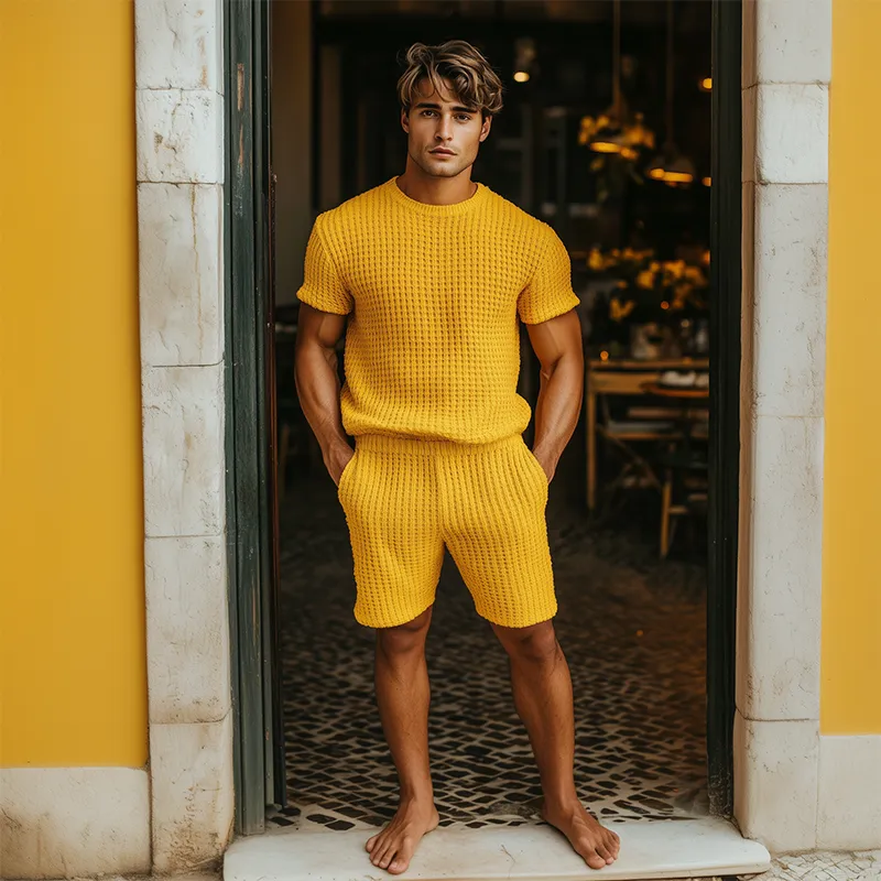 Men's Spring And Summer Fashion Casual Bright Color Round Neck Knitted Short-sleeved T-shirt Elastic Waist Knitted Shorts Set MTA2089F7K sold by Manly product image thumbnail 3