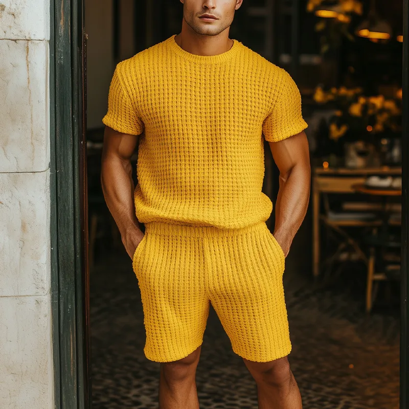 Men's Spring And Summer Fashion Casual Bright Color Round Neck Knitted Short-sleeved T-shirt Elastic Waist Knitted Shorts Set MTA2089F7K sold by Manly product image thumbnail 2