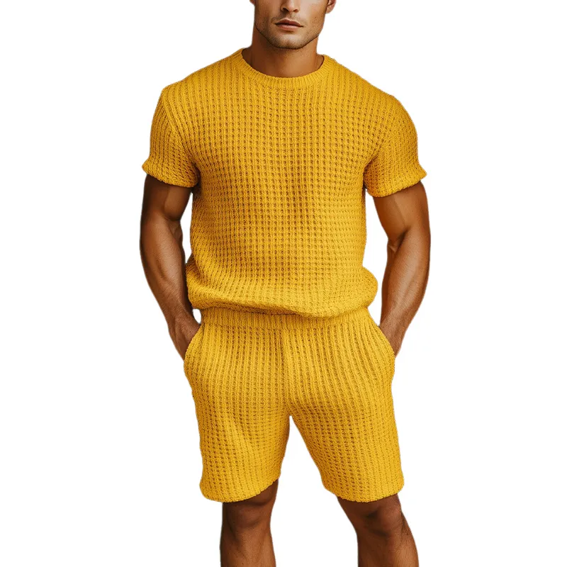 Men's Spring And Summer Fashion Casual Bright Color Round Neck Knitted Short-sleeved T-shirt Elastic Waist Knitted Shorts Set MTA2089F7K sold by Manly
