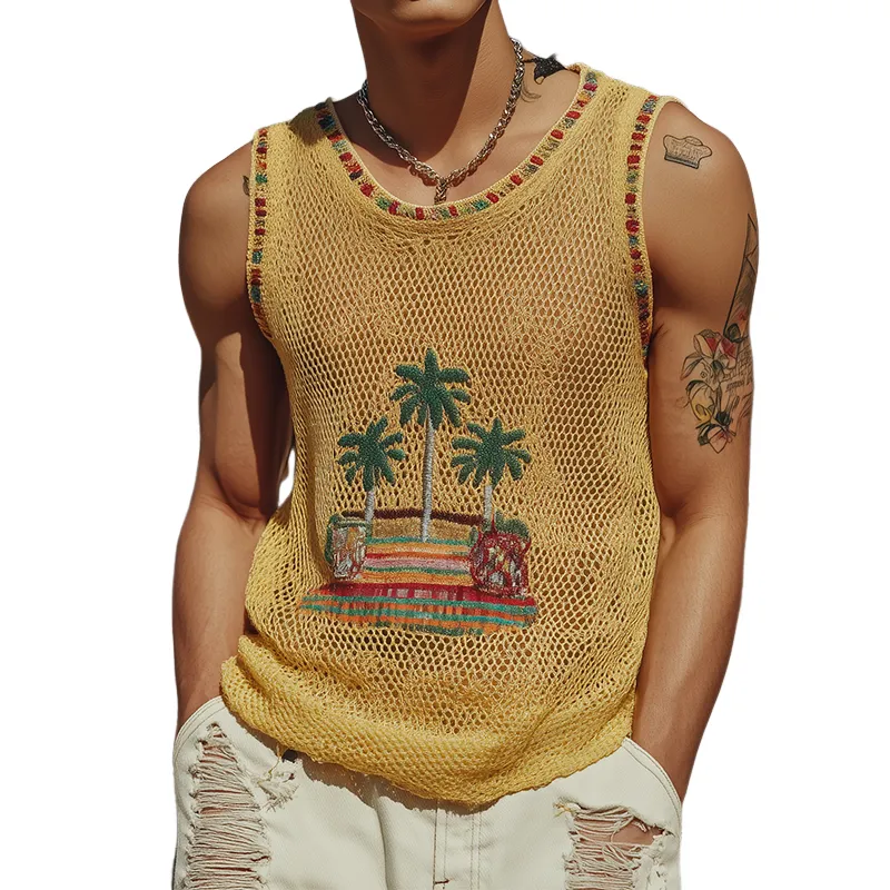 Men's Spring And Summer Fashion Casual Round Neck Slightly Transparent Sexy Embroidered Knitted Tank Top MTA2050F6K sold by Manly