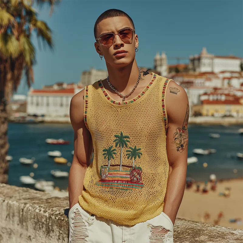 Men's Spring And Summer Fashion Casual Round Neck Slightly Transparent Sexy Embroidered Knitted Tank Top MTA2050F6K sold by Manly product image thumbnail 3