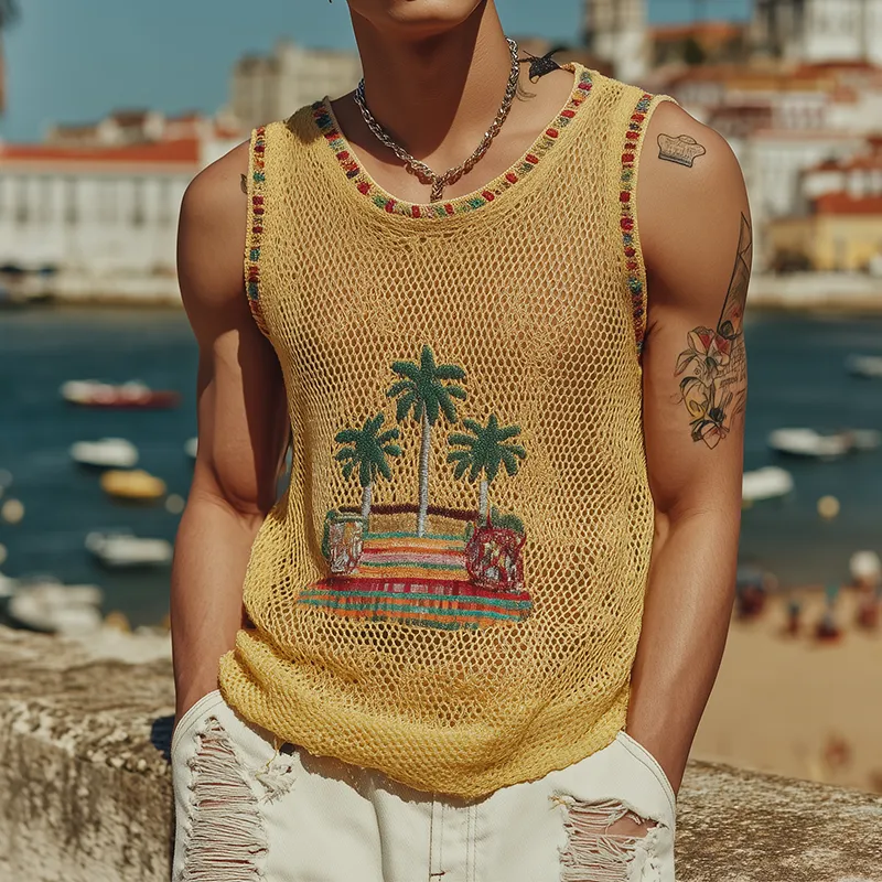 Men's Spring And Summer Fashion Casual Round Neck Slightly Transparent Sexy Embroidered Knitted Tank Top MTA2050F6K sold by Manly product image thumbnail 2