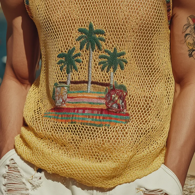 Men's Spring And Summer Fashion Casual Round Neck Slightly Transparent Sexy Embroidered Knitted Tank Top MTA2050F6K sold by Manly product image thumbnail 5