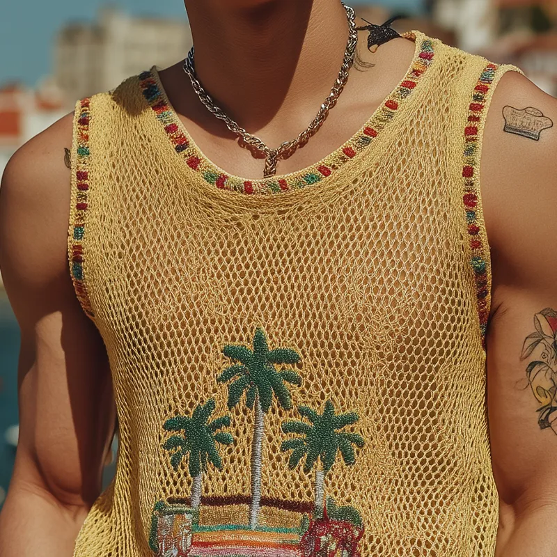 Men's Spring And Summer Fashion Casual Round Neck Slightly Transparent Sexy Embroidered Knitted Tank Top MTA2050F6K sold by Manly product image thumbnail 4