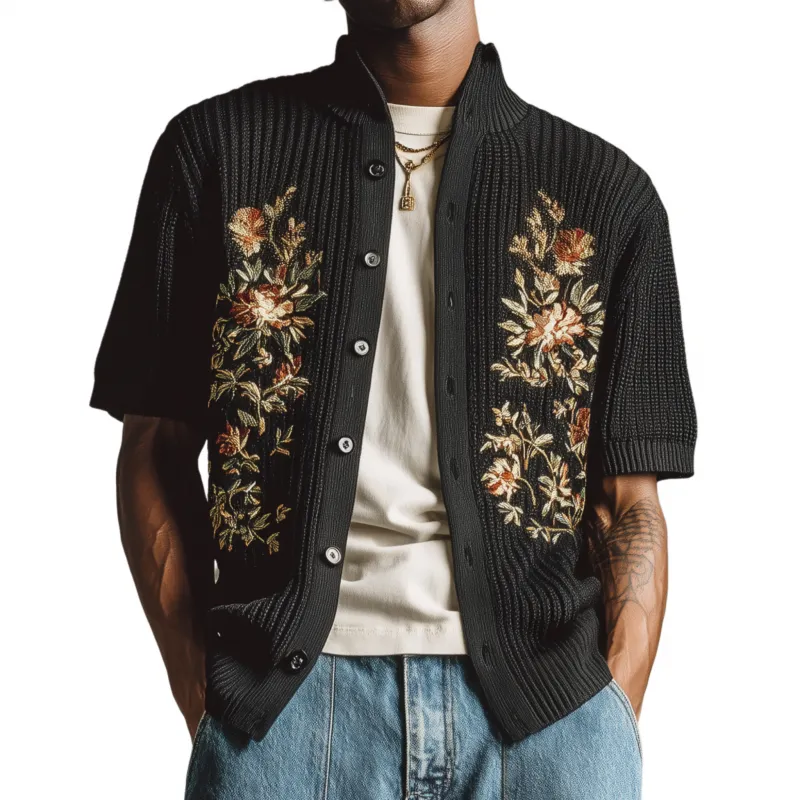 Men's Fashion Flower Embroidery Stand Collar Single Breasted Slim Fit Short Sleeve Knit Cardigan MTA1858F6M sold by Manly