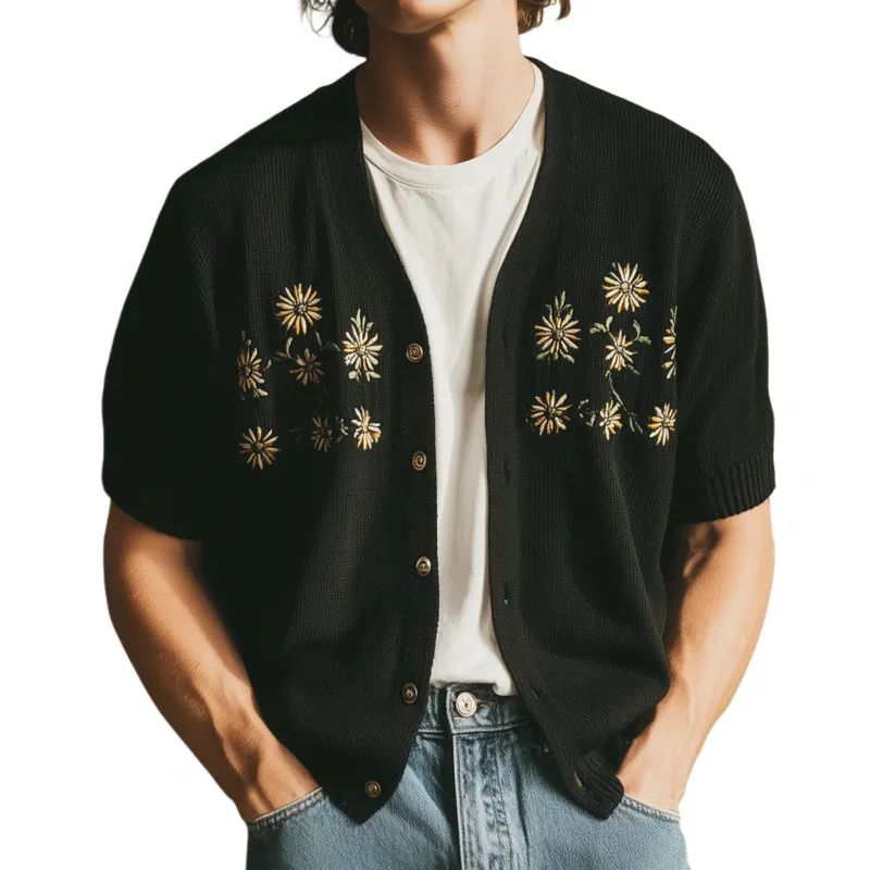 Men's Fashion Daisy Embroidery V-Neck Single-Breasted Short-Sleeved Knitted Cardigan MTA1841F7M sold by Manly