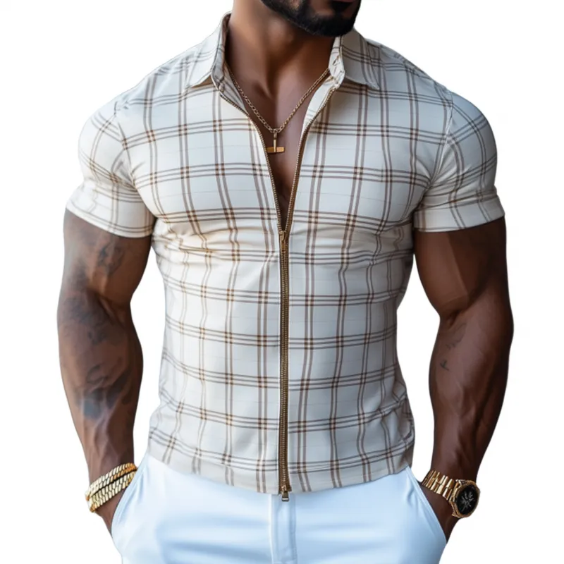 Men's Fashion Breathable Cotton Plaid Lapel Slim Short Sleeve Shirt MTA2020F0M sold by Manly