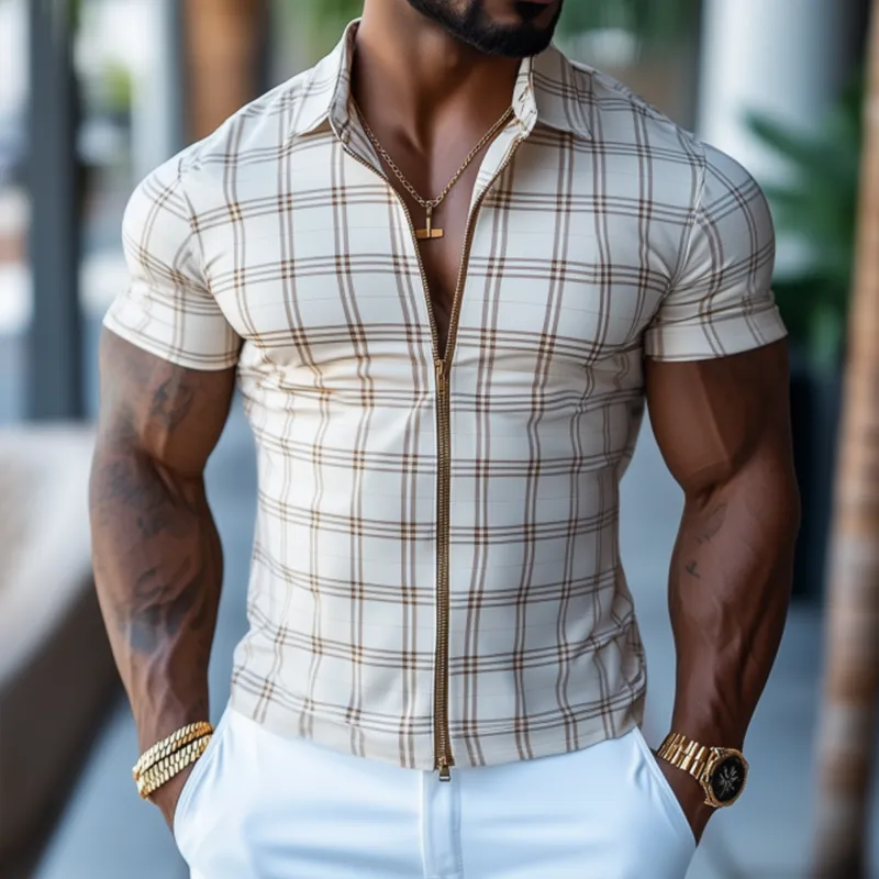 Men's Fashion Breathable Cotton Plaid Lapel Slim Short Sleeve Shirt MTA2020F0M sold by Manly product image thumbnail 2