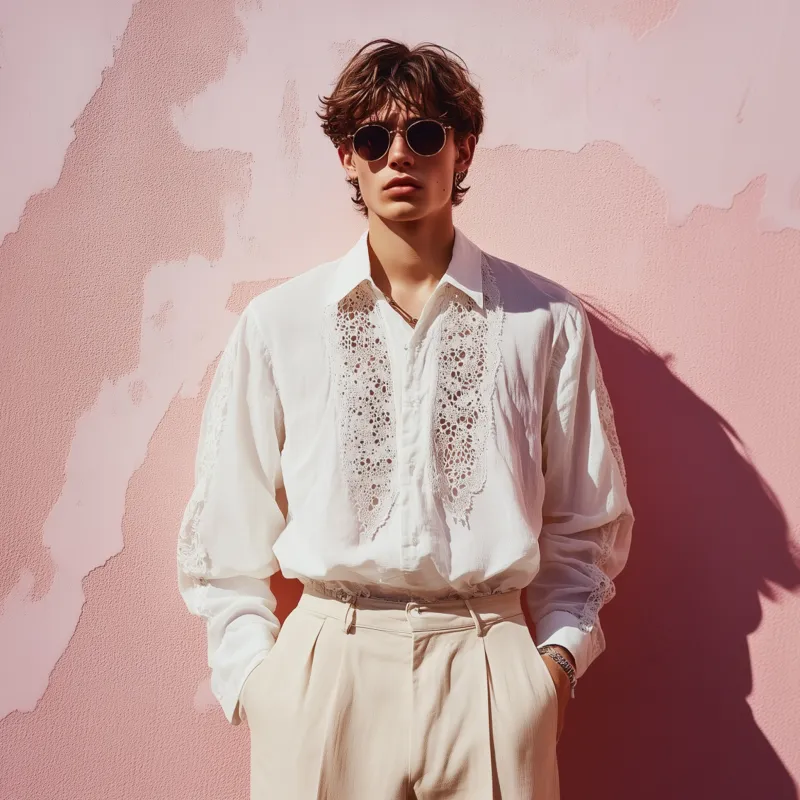 Men's Casual Breathable Lace Chiffon Patchwork Lapel Loose Long-sleeved Shirt MTA2090F1M sold by Manly product image thumbnail 3