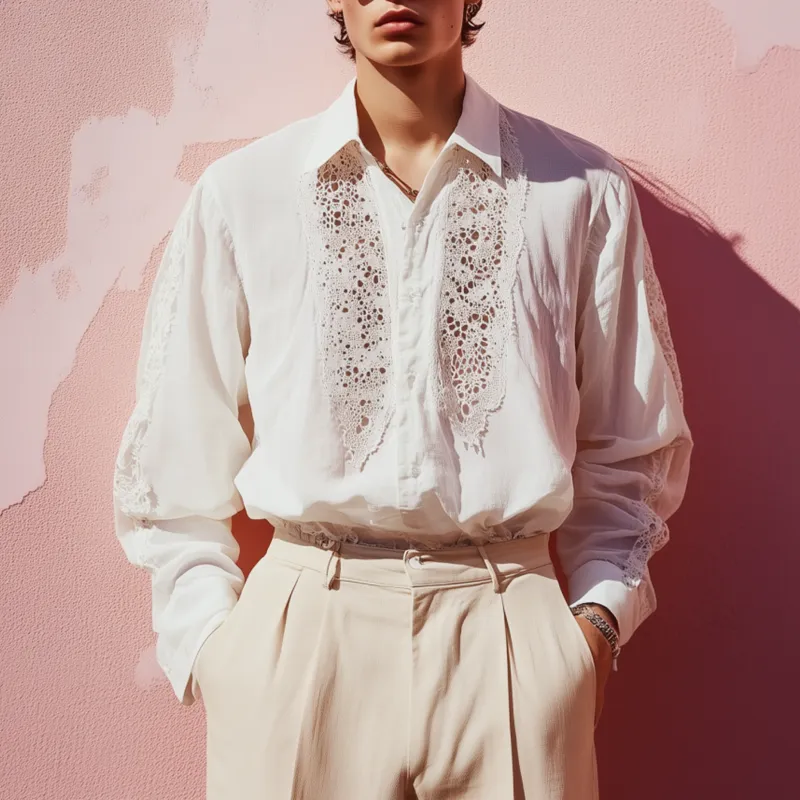 Men's Casual Breathable Lace Chiffon Patchwork Lapel Loose Long-sleeved Shirt MTA2090F1M sold by Manly product image thumbnail 2