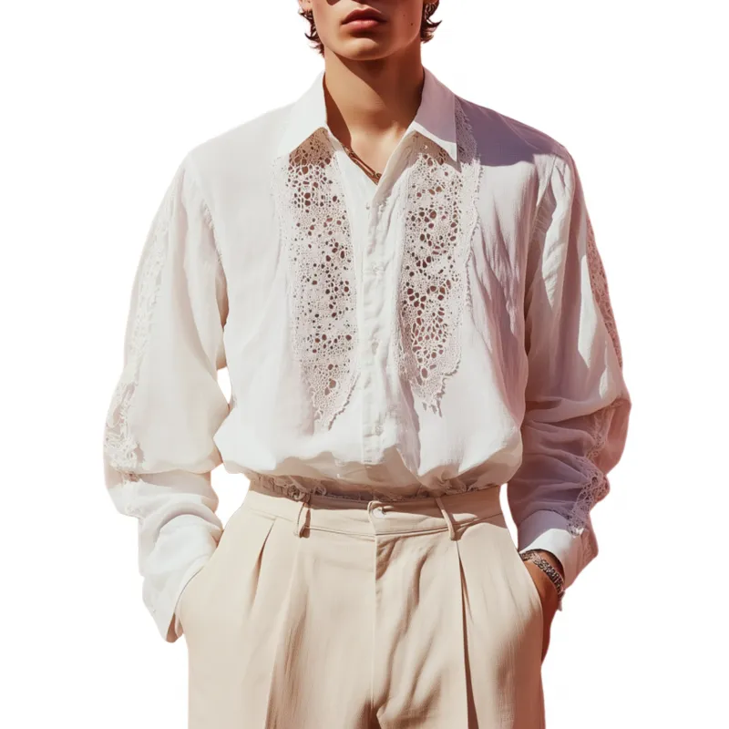 Men's Casual Breathable Lace Chiffon Patchwork Lapel Loose Long-sleeved Shirt MTA2090F1M sold by Manly