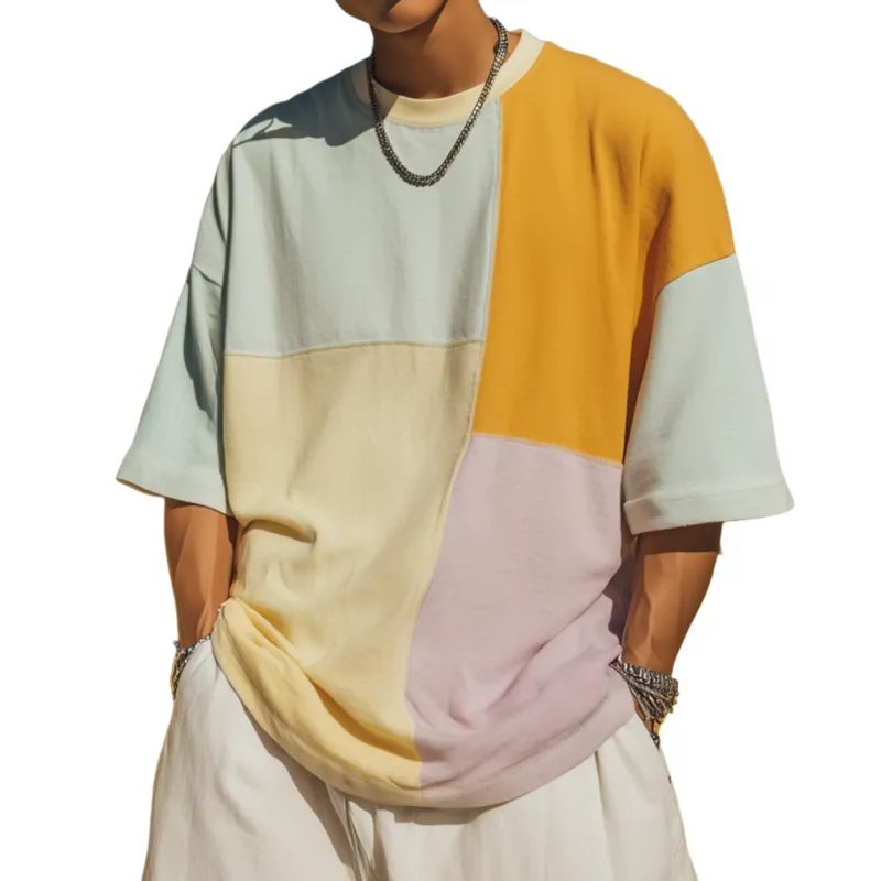 Men's Casual Breathable Cotton Contrast Color Patchwork Round Neck Loose Short Sleeve T-shirt MTA2044F2M sold by Manly