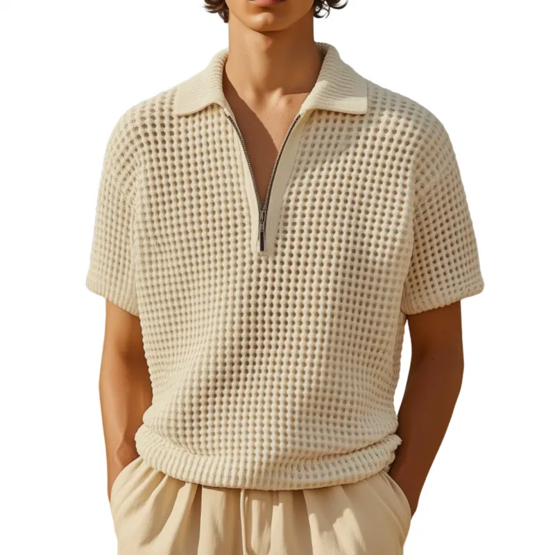 Men's Casual Solid Color Zipper Lapel Loose Hollow Knit Short Sleeve Polo Shirt MTA2074F4M sold by Manly