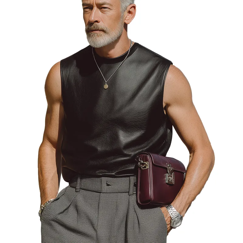 Men's Summer Fashion Leather Crew Neck Tank Top MTA2056F4P sold by Manly