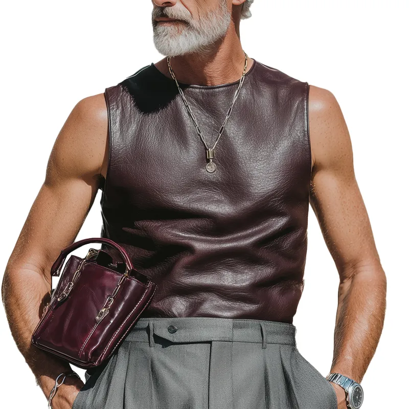 Men's Summer Fashion Leather Round Neck Sleeveless Tank Top MTA2055F6P sold by Manly