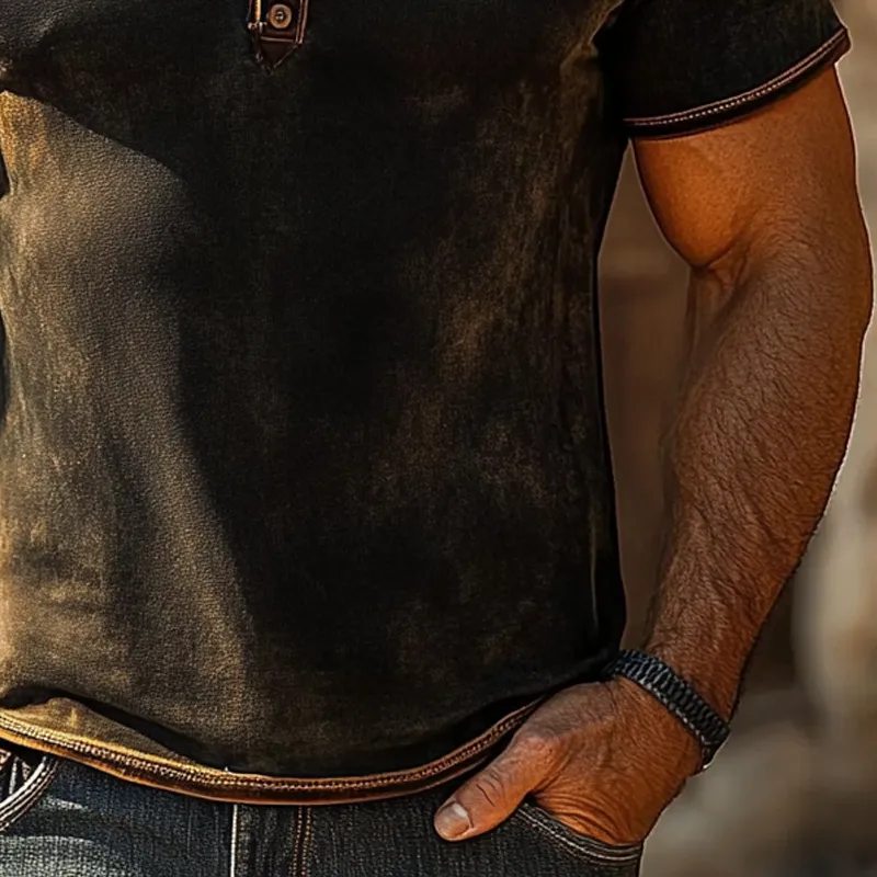 Men's Vintage Distressed Print Short Sleeve Henley Neck T-Shirt MTA2062F5X sold by Manly product image thumbnail 4