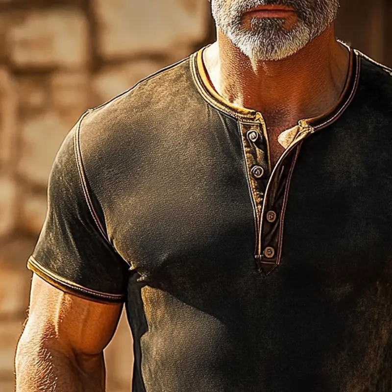 Men's Vintage Distressed Print Short Sleeve Henley Neck T-Shirt MTA2062F5X sold by Manly product image thumbnail 3