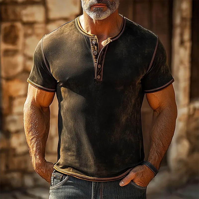 Men's Vintage Distressed Print Short Sleeve Henley Neck T-Shirt MTA2062F5X sold by Manly product image thumbnail 2