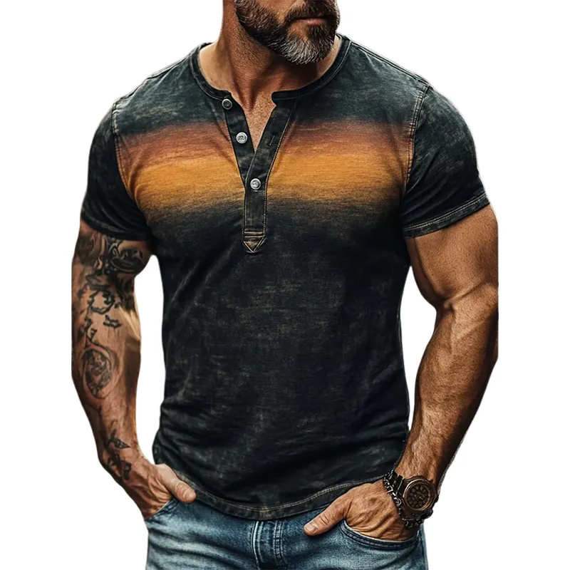 Men's Vintage Print Henley Neck Short Sleeve T-Shirt MTA2047F3X sold by Manly