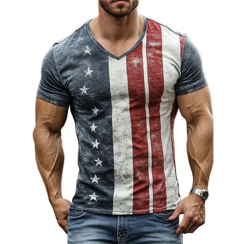 Men's American Flag Stars Print V-Neck Short Sleeve T-Shirt MTA2071F9X sold by Manly