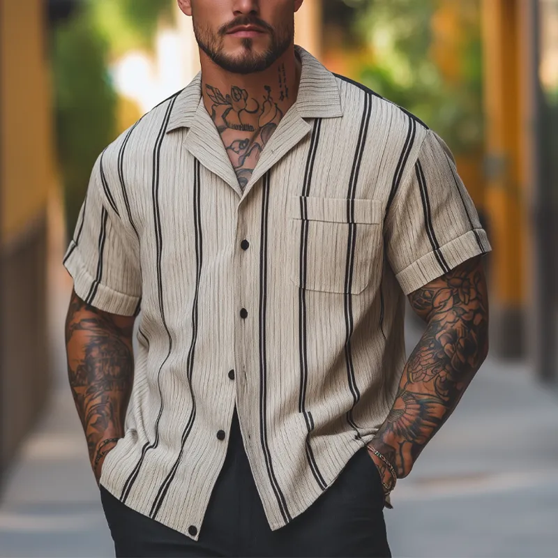 Men's Loose Casual Striped Printed Short Sleeve Shirt MTA2072F6X sold by Manly product image thumbnail 4