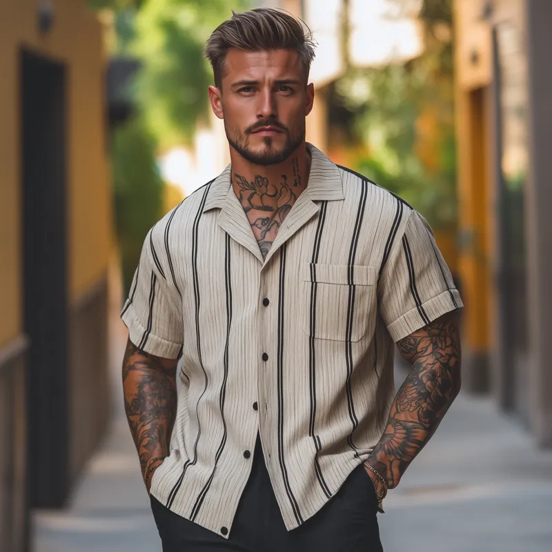Men's Loose Casual Striped Printed Short Sleeve Shirt MTA2072F6X sold by Manly product image thumbnail 3