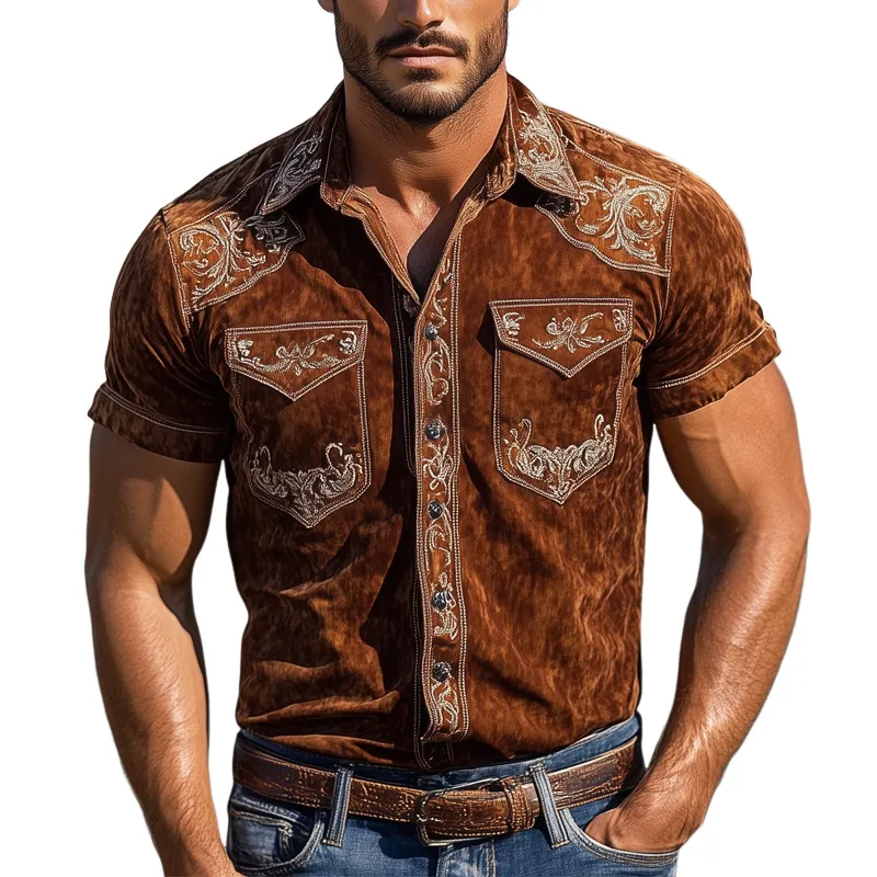 Men's Vintage Suede Embroidered Short Sleeve Lapel Shirt MTA2075F9X sold by Manly