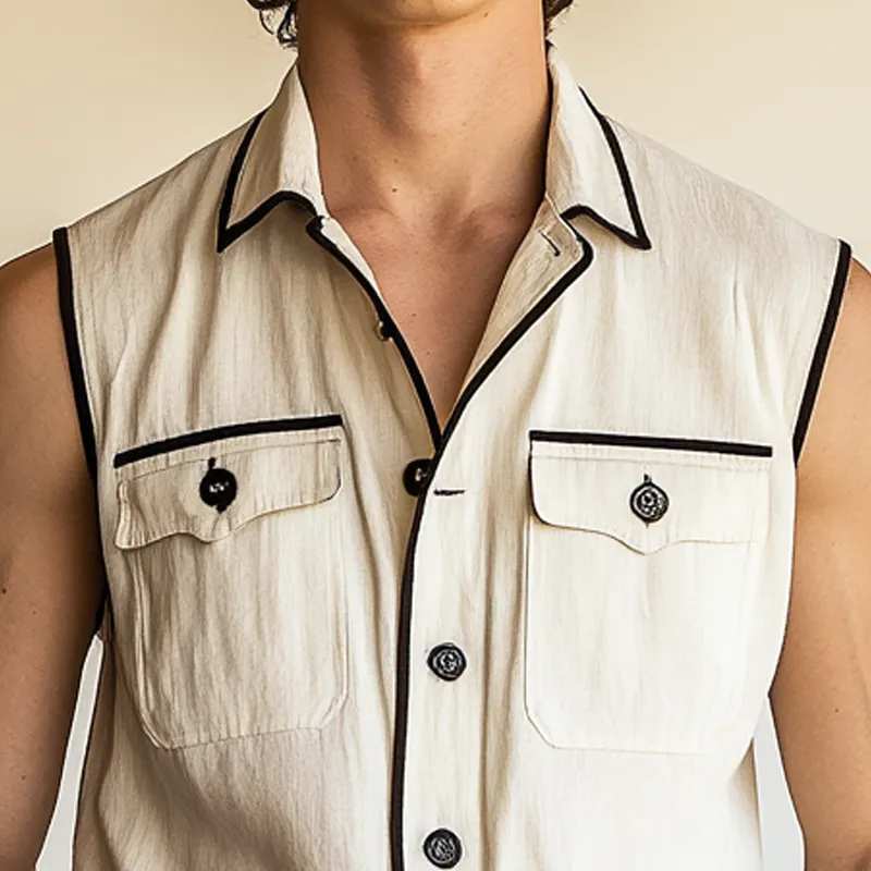 Men's Contrast Multi-Pocket Sleeveless Lapel Shirt MTA2087F5X sold by Manly product image thumbnail 3