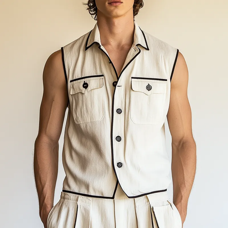Men's Contrast Multi-Pocket Sleeveless Lapel Shirt MTA2087F5X sold by Manly product image thumbnail 2