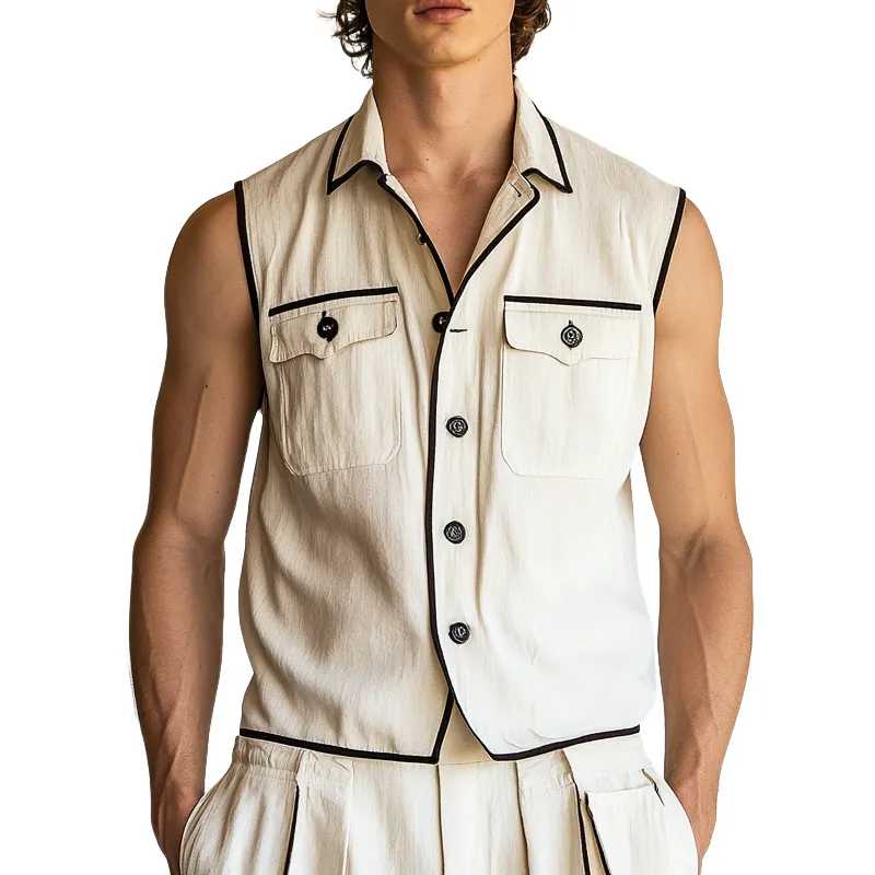 Men's Contrast Multi-Pocket Sleeveless Lapel Shirt MTA2087F5X sold by Manly