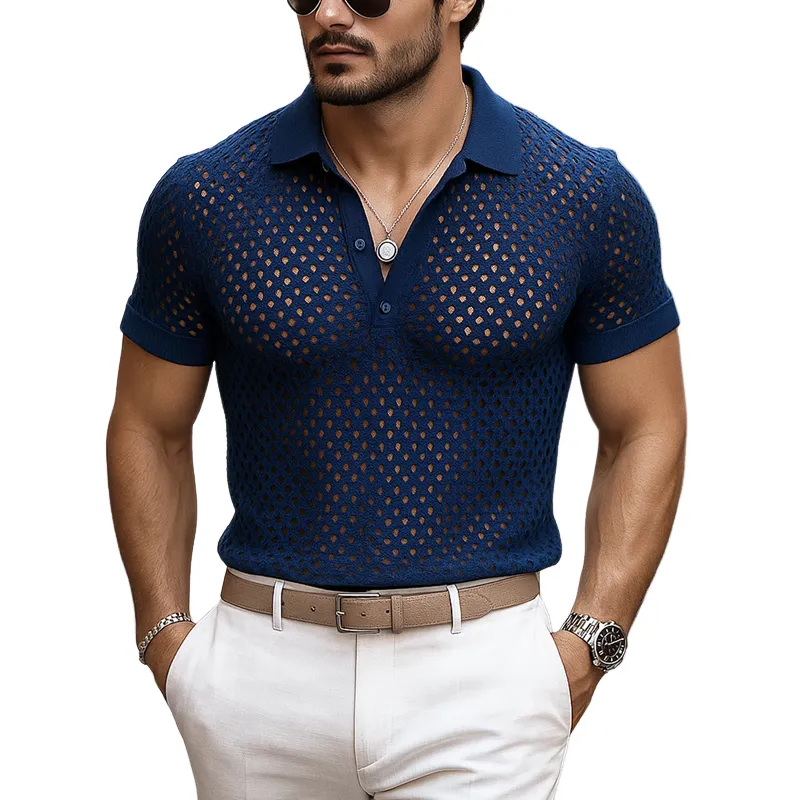 Men's Solid Hollow Knit Short Sleeve Polo Shirt MTA2022F9Z sold by Manly