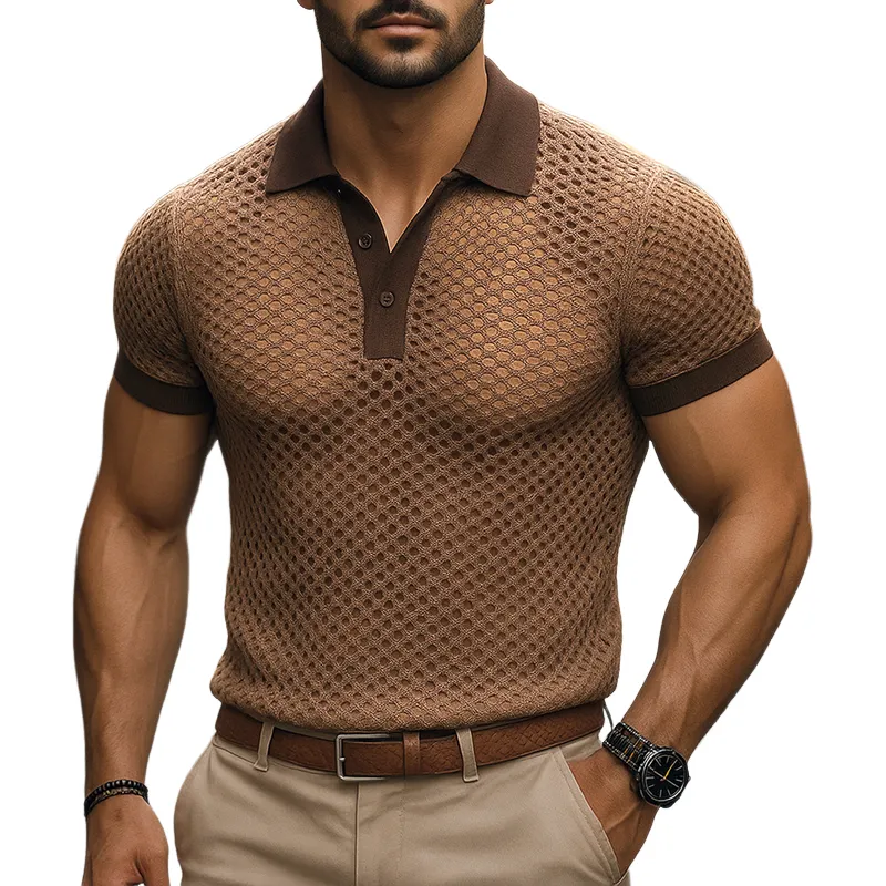 Men's Solid Hollow Knit Short Sleeve Polo Shirt MTA2010F1Z sold by Manly