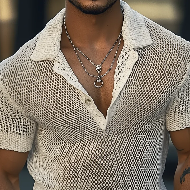 Men's Solid Hollow Knit Short Sleeve Polo Shirt MTA2086F0Z sold by Manly product image thumbnail 3