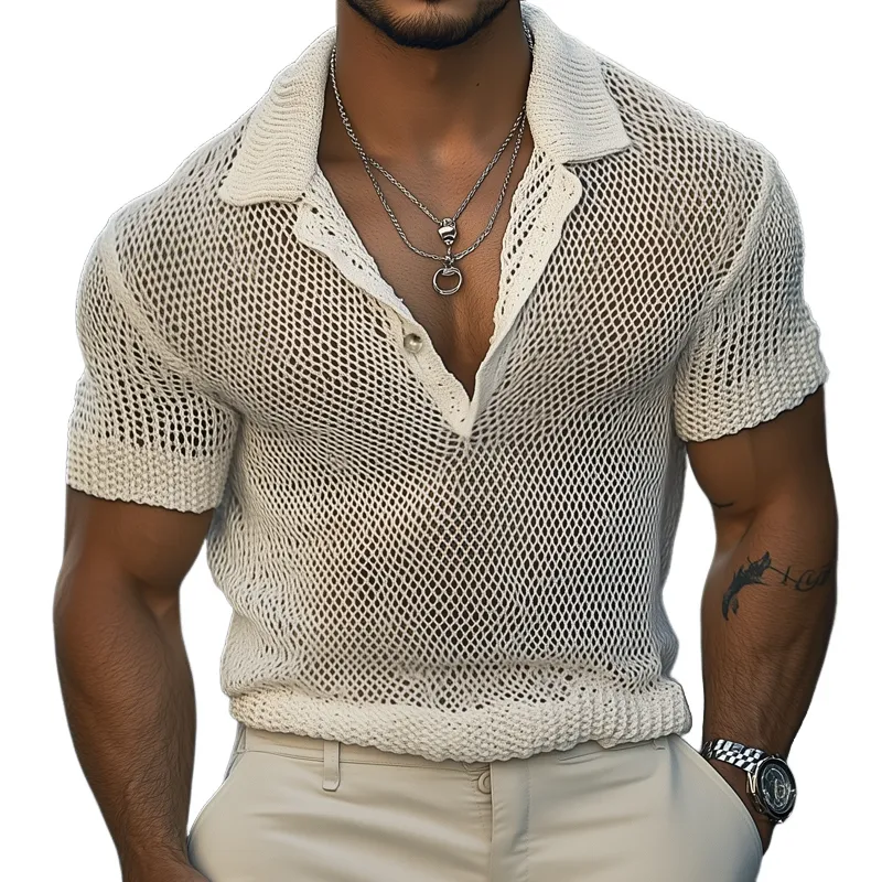 Men's Solid Hollow Knit Short Sleeve Polo Shirt MTA2086F0Z sold by Manly