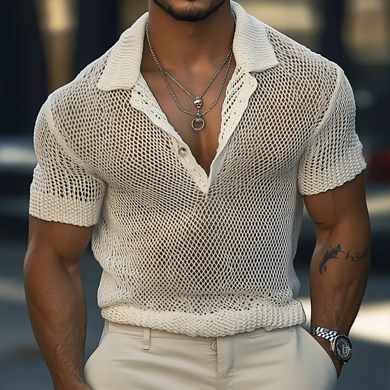 Men's Solid Hollow Knit Short Sleeve Polo Shirt MTA2086F0Z sold by Manly product image thumbnail 2