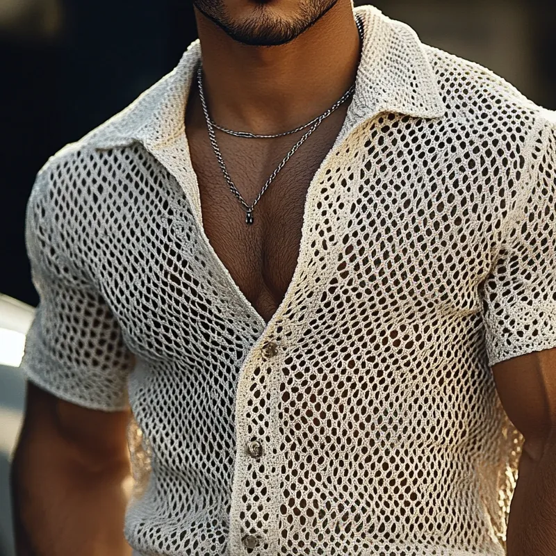 Men's Solid Hollow Knit Lapel Short Sleeve Shirt MTA2054F3Z sold by Manly product image thumbnail 3