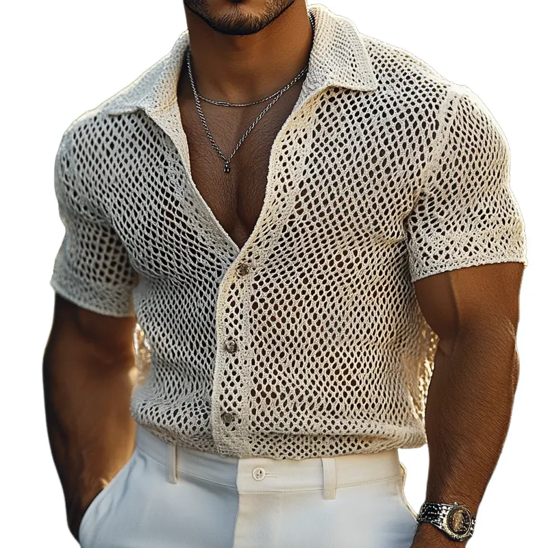 Men's Solid Hollow Knit Lapel Short Sleeve Shirt MTA2054F3Z sold by Manly