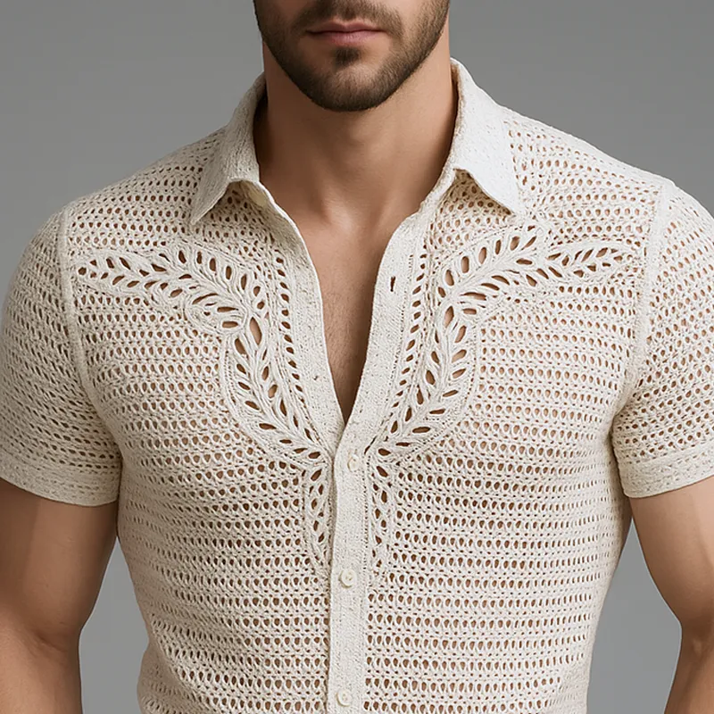 Men's Solid Hollow Knit Lapel Short Sleeve Shirt MTA2097F1Z sold by Manly product image thumbnail 3