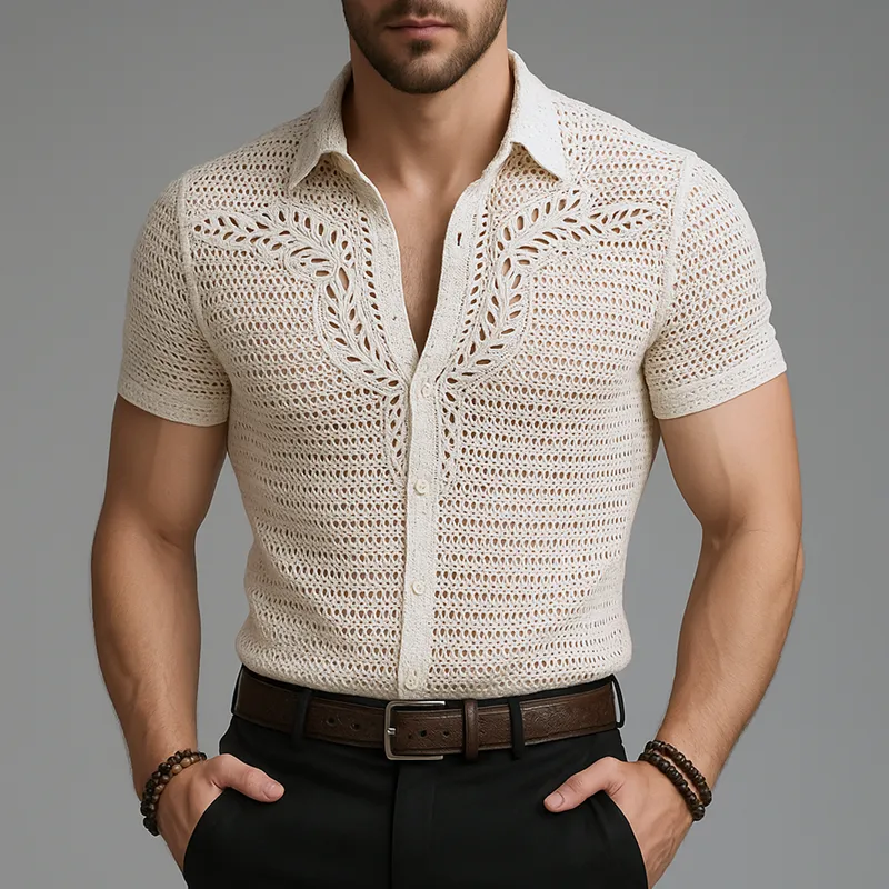 Men's Solid Hollow Knit Lapel Short Sleeve Shirt MTA2097F1Z sold by Manly product image thumbnail 2