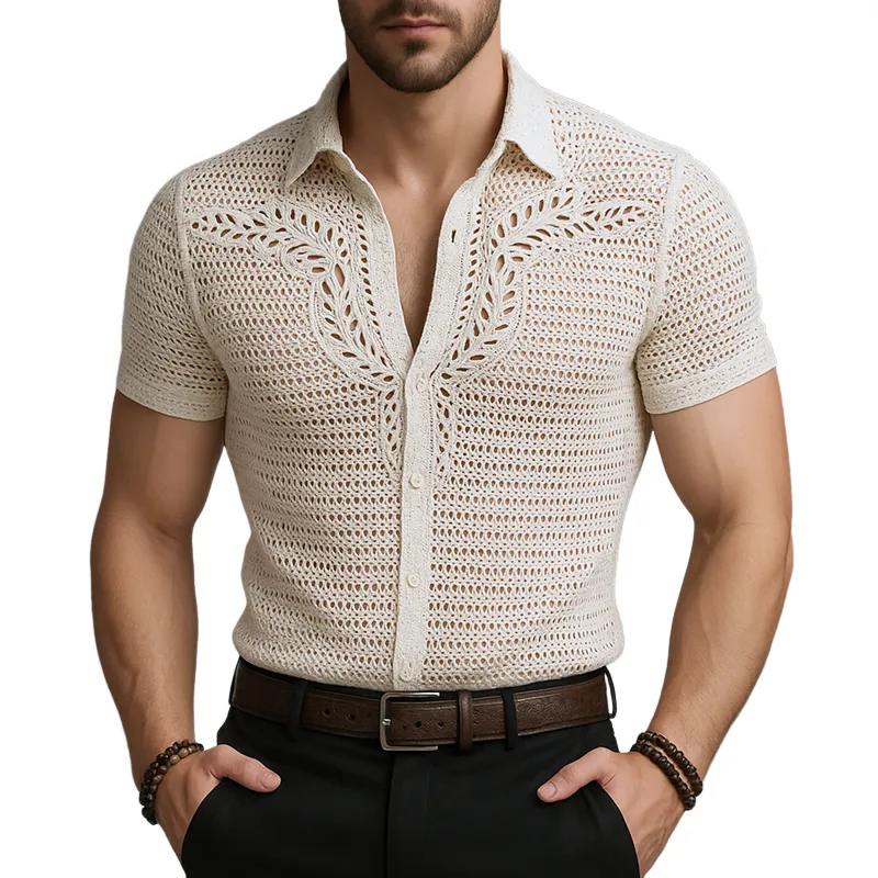 Men's Solid Hollow Knit Lapel Short Sleeve Shirt MTA2097F1Z sold by Manly