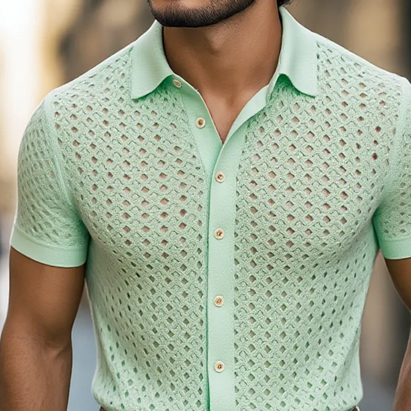 Men's Solid Hollow Knit Lapel Short Sleeve Shirt MTA2009F4Z sold by Manly product image thumbnail 3