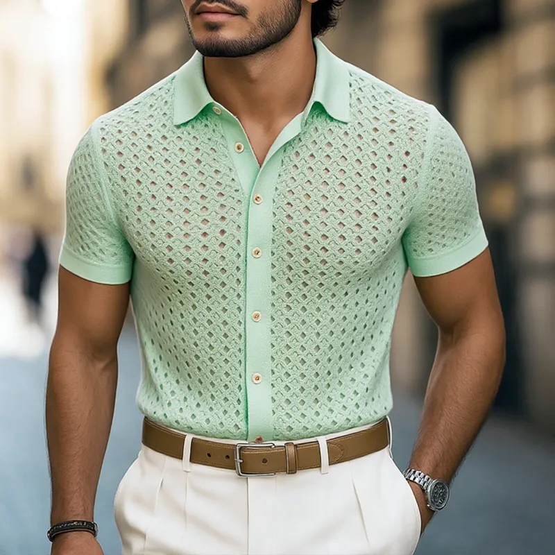 Men's Solid Hollow Knit Lapel Short Sleeve Shirt MTA2009F4Z sold by Manly product image thumbnail 2