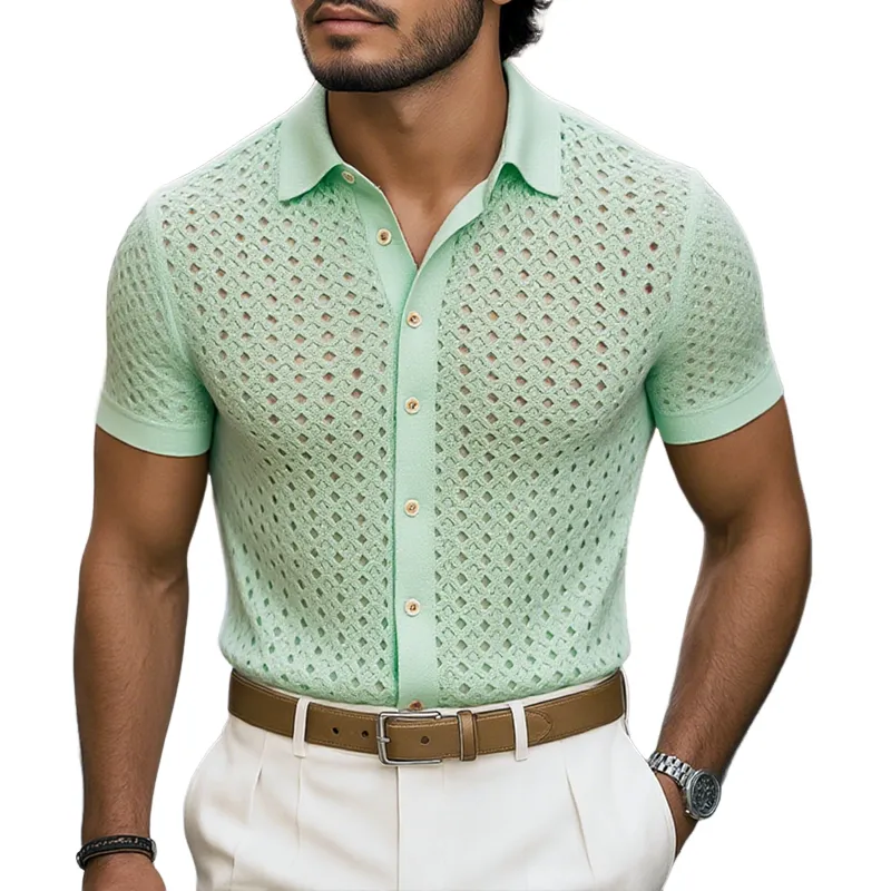 Men's Solid Hollow Knit Lapel Short Sleeve Shirt MTA2009F4Z sold by Manly