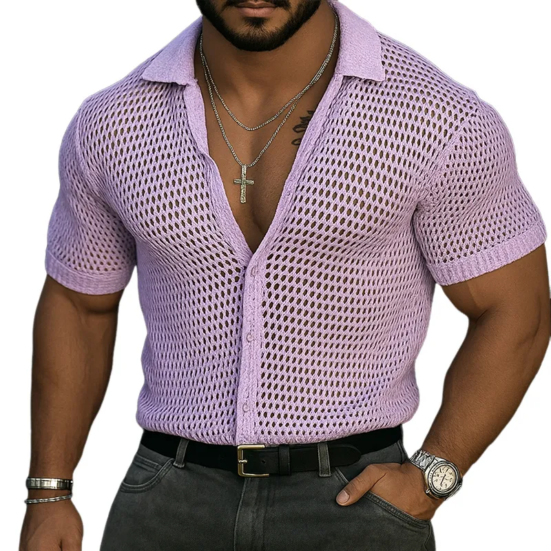 Men's Solid Hollow Knit Lapel Short Sleeve Shirt MTA2005F3Z sold by Manly