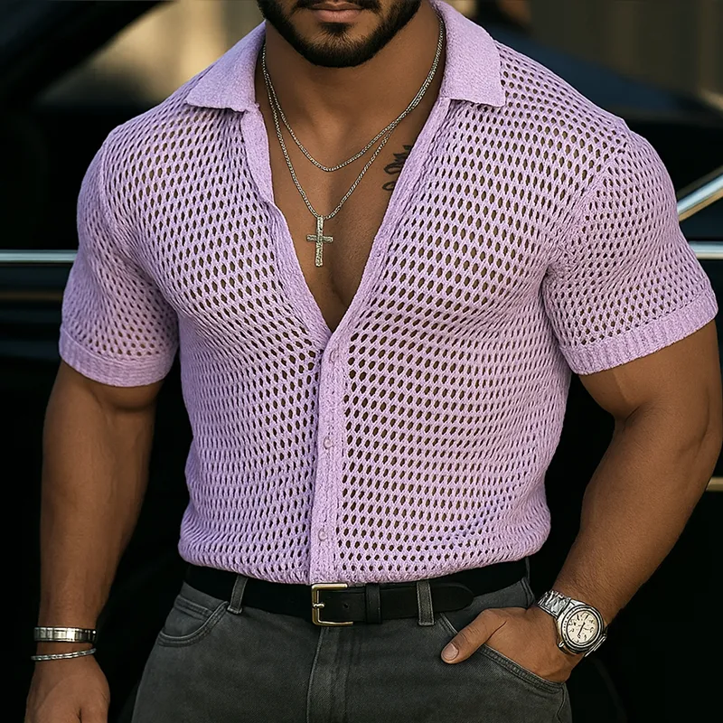 Men's Solid Hollow Knit Lapel Short Sleeve Shirt MTA2005F3Z sold by Manly product image thumbnail 2