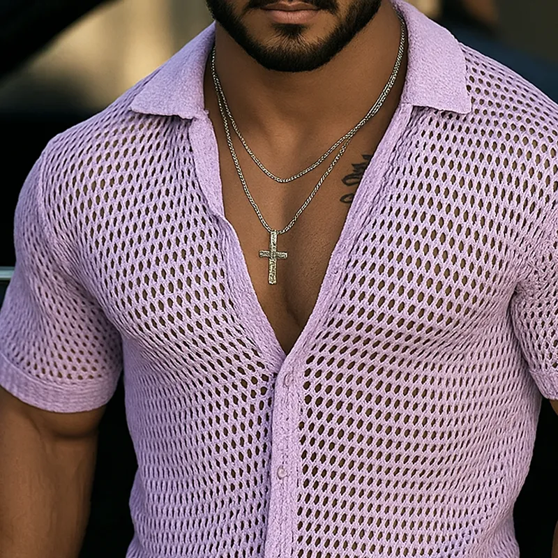 Men's Solid Hollow Knit Lapel Short Sleeve Shirt MTA2005F3Z sold by Manly product image thumbnail 3